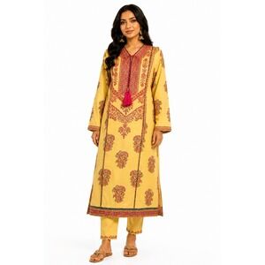 Hussain Rehar Sari Yellow Embroidered Lawn Kurta Pakistani Designer Tunic Size S